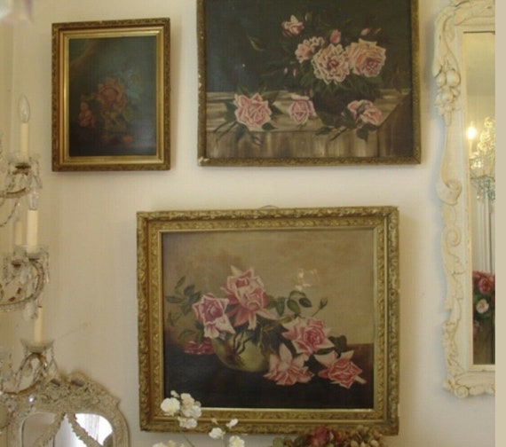 VICTORIAN 1900s Gold Gilt Frame and Pink Roses An… - image 3