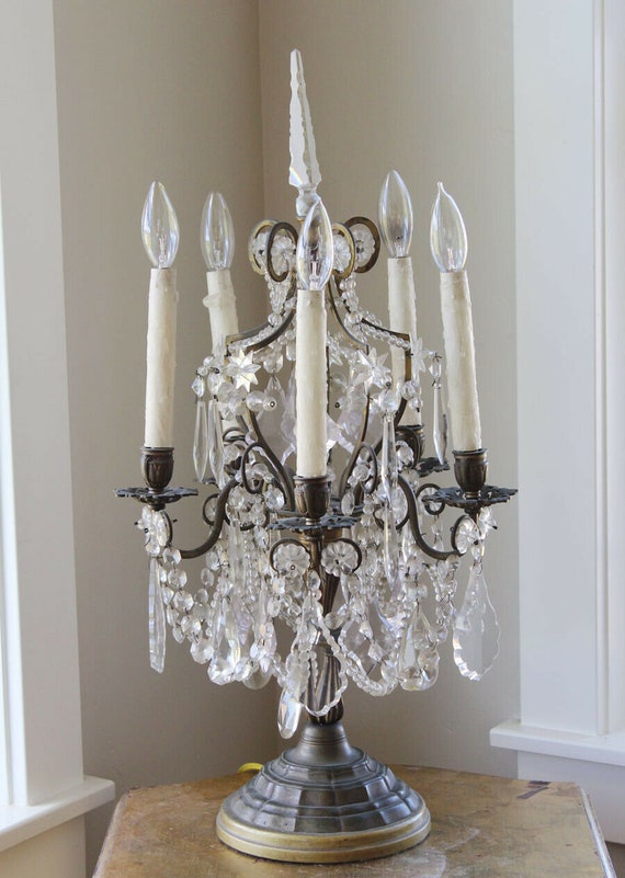 Antique Stunning French Bronze Table Chandelier Girandole Rock Crystal Beading