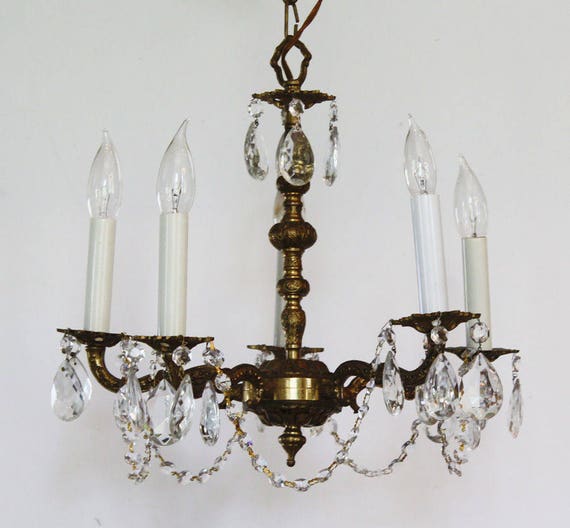 French Country Petite Antique Brass and Crystal C… - image 3