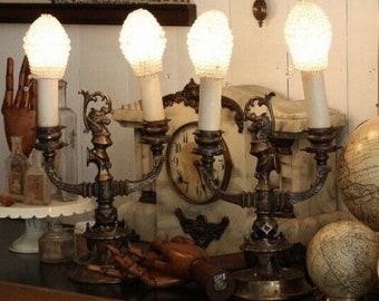 RARE Pair ANTIQUE BRONZE Candelabra Lamps Figural France French European Lamp