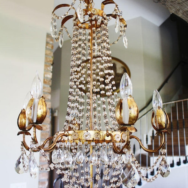 Antique Italian Tole Macaroni Beaded Empire Chandelier Rare