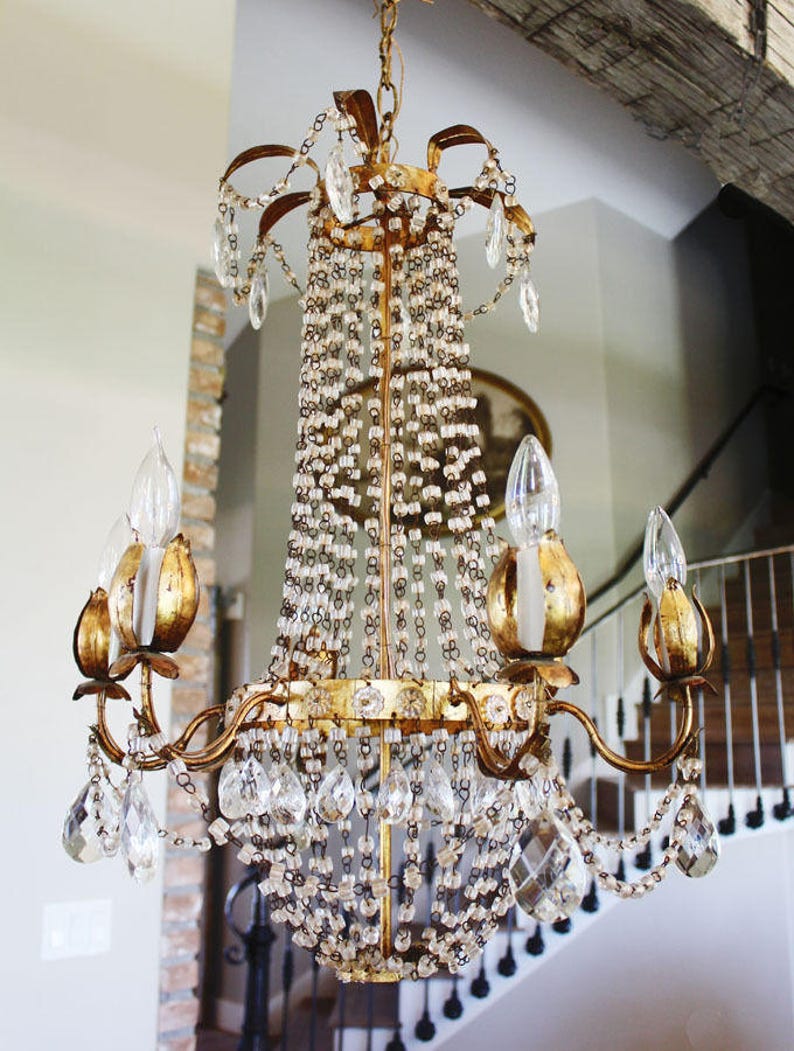 Antique Italian Tole Macaroni Beaded Empire Chandelier Rare Image 0