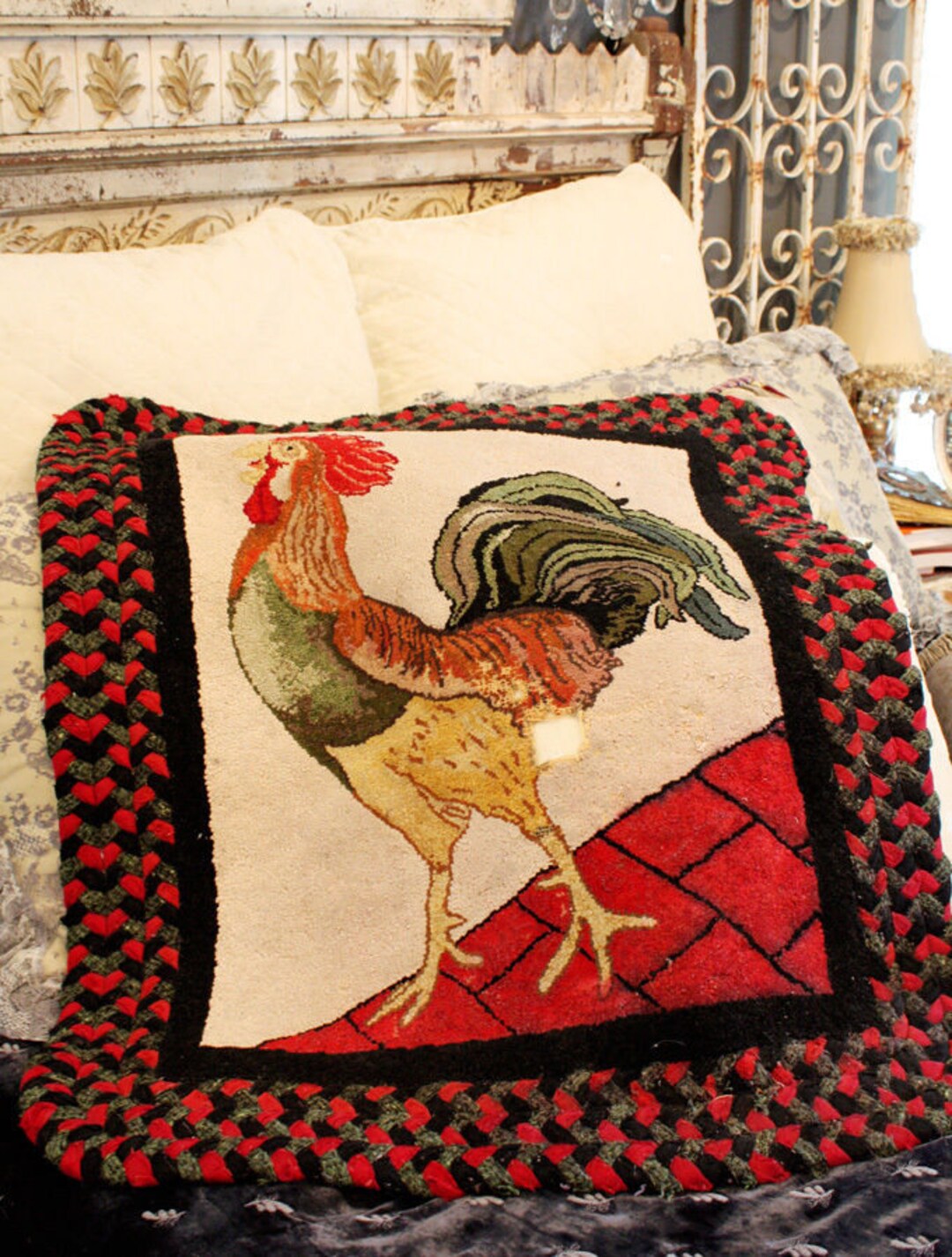 Rustic Folk Chicken Rug Antique Hooked Rug French Country Chicken Folk Art - Etsy