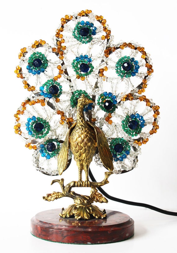 Antique Rare Czech Antique Beaded Peacock Lamp So… - image 1