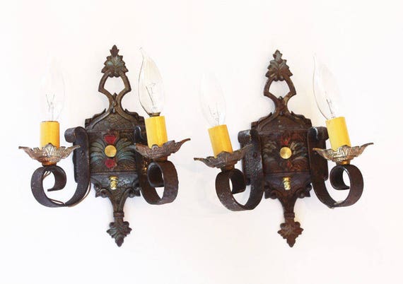 Pair Antique Arts and Crafts Wall Sconces Original Paint