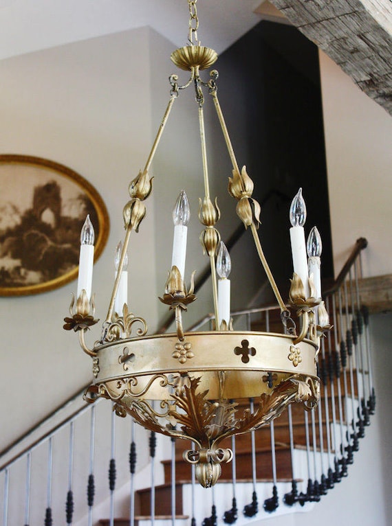 Antique Italian Tole Gilt Crown Shaped Chandelier 