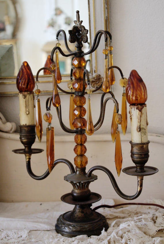 Antique French Amber Glass Girandole Table Chandel