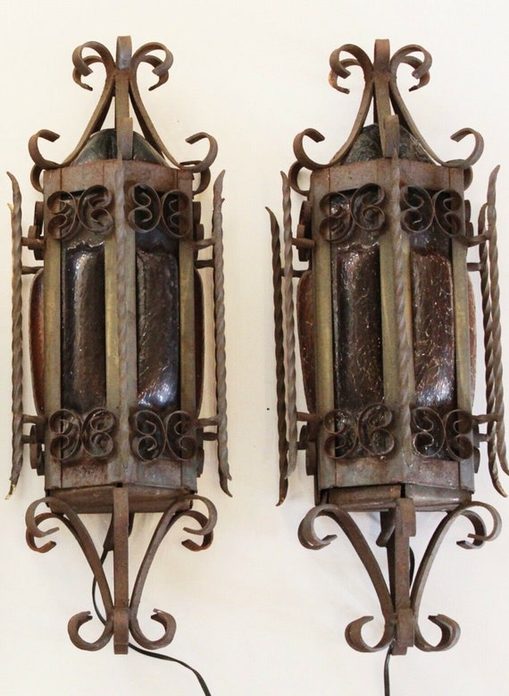 Set of Four Wrought Iron w Blown Glass Antique Wal