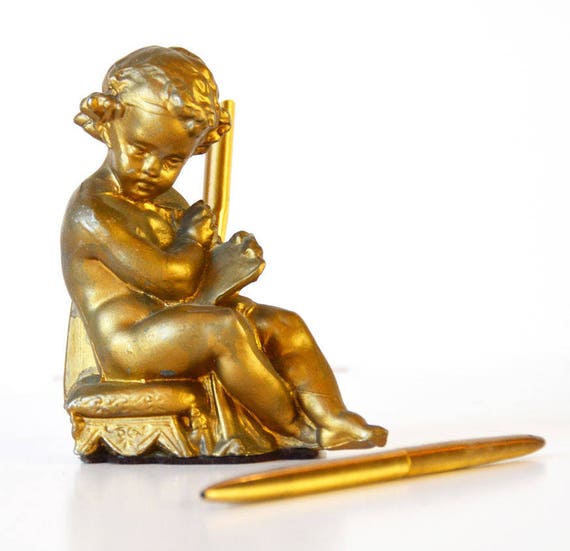 Vintage Gilt Gold Pen Stand and Pen Figural - image 1