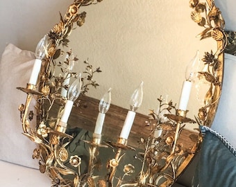 Rare Antique Italian Tole Lighted Mirror Sconce Incredible