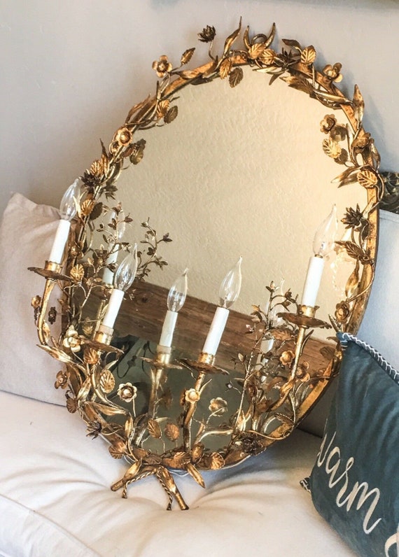 Rare Antique Italian Tole Lighted Mirror Sconce I… - image 1