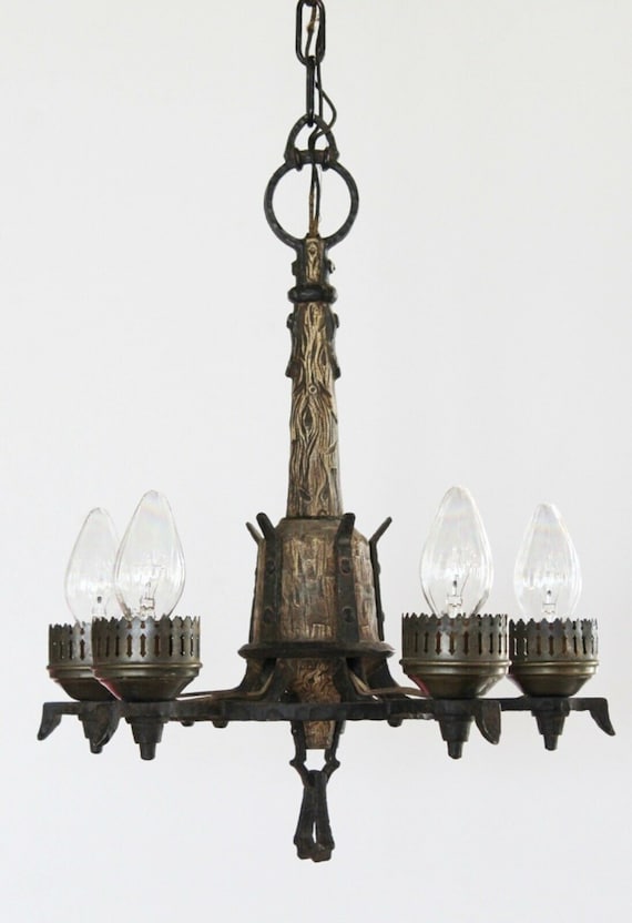 Antique Metal Faux Wood French Farmhouse Wrought Iron Chandelier