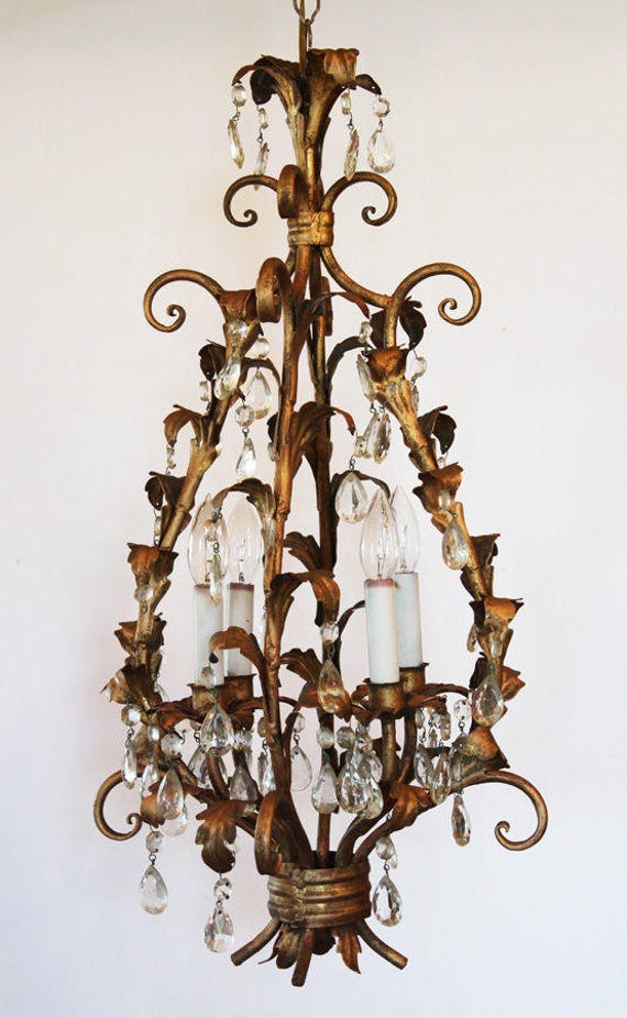 Antique Italian Tole Crystal Prisms Chandelier Ra… - image 3