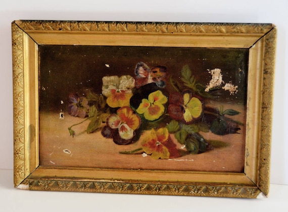 Antique Victorian Pansy Oil Painting Original Fra… - image 1