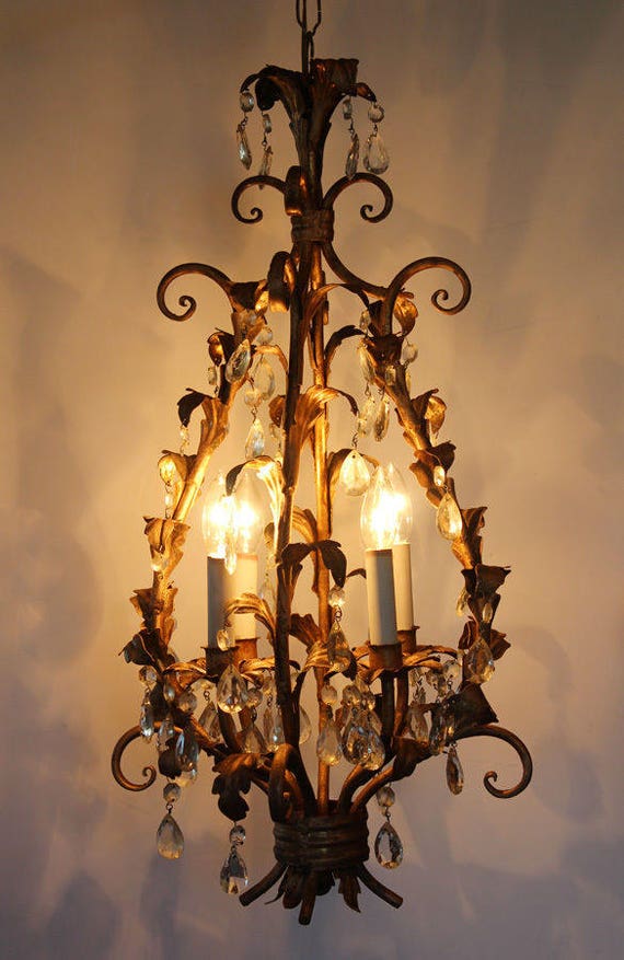 Antique Italian Tole Crystal Prisms Chandelier Ra… - image 1