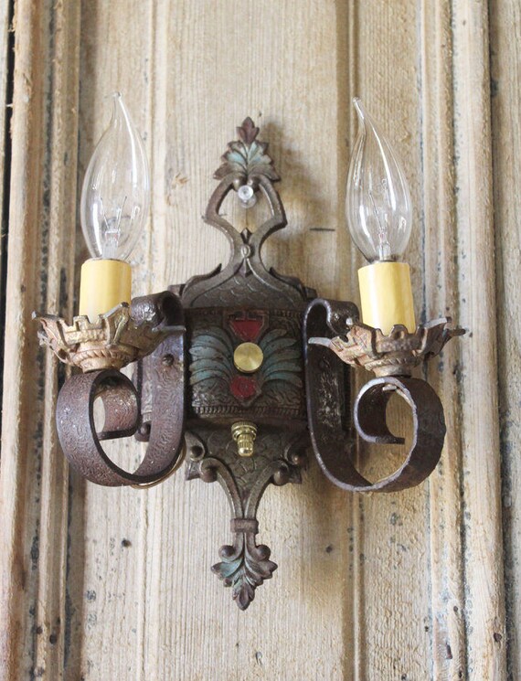 Pair Antique Arts and Crafts Wall Sconces Original Paint View 2