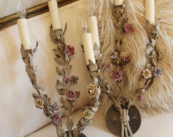 Rare French Tole Porcelain Roses and Old Grey Paint Wall Sconces
