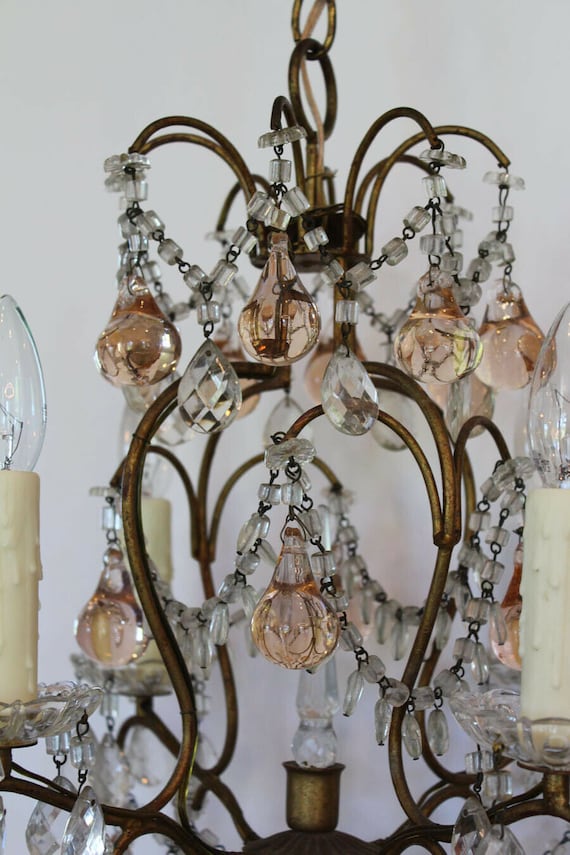 French Antique Blush Pink Beaded Chandelier My Fa… - image 6