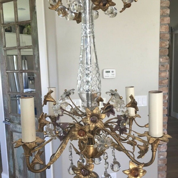 Maison Bagues Antique Rare Bronze Flowers Crystal Chandelier Gorgeous