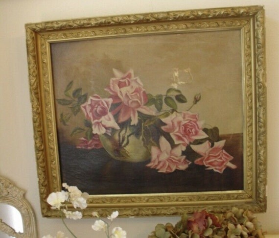 VICTORIAN 1900s Gold Gilt Frame and Pink Roses An… - image 1