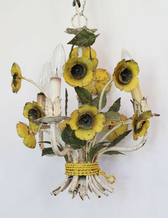 Italian Tole Yellow Poppies Antique Chandelier
