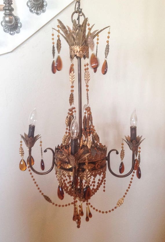 Amber and Tole Beaded Large Chandelier Gorgeous Li