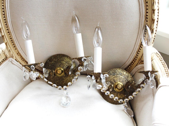 Antique Brass Pair Crystal Wall Sconces