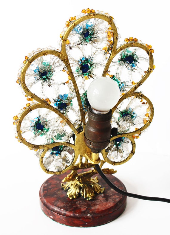 Antique Rare Czech Antique Beaded Peacock Lamp So… - image 2