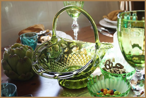 Antique Green Glass Xlrg Basket Gorgeous Details - image 1