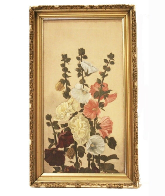 VICTORIAN 1900s Antique Gilt Frame Hollyhocks Flor