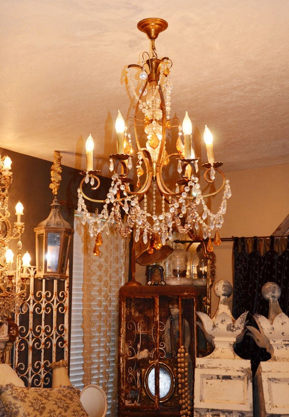 Large Antique Beaded Amber Drop Chandelier