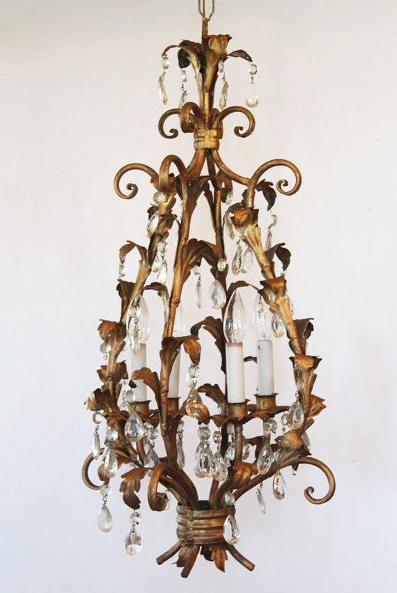 Antique Italian Tole Crystal Prisms Chandelier Ra… - image 2