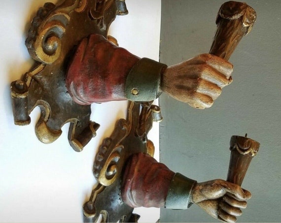 Pair Antique Italian Wood Hand Carved Hand Sconce… - image 1