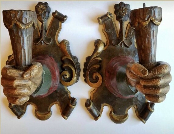 Pair Antique Italian Wood Hand Carved Hand Sconce… - image 3