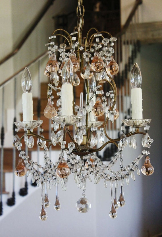 French Antique Blush Pink Beaded Chandelier My Fa… - image 2