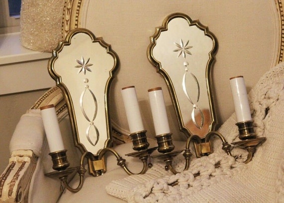 Pair Antique French Brass Etched Mirror Wall Sconces Etsy Australia
