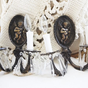 French Antique Cherub Putti Bronze Wall Sconces w/Prisms