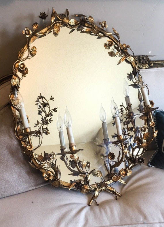 Rare Antique Italian Tole Lighted Mirror Sconce I… - image 2