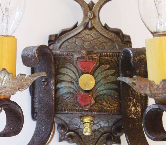 Pair Antique Arts and Crafts Wall Sconces Original Paint View 3