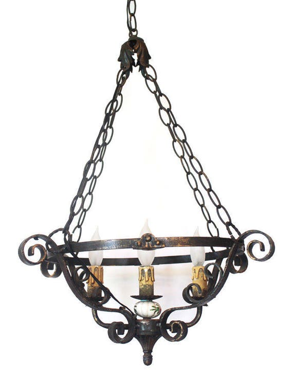 Antique French Wrought Iron Chandelier Hanging Light