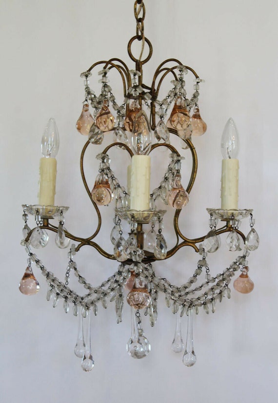 French Antique Blush Pink Beaded Chandelier My Fa… - image 1