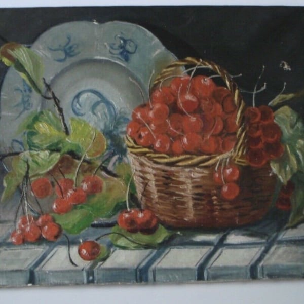 1900s Early Cherries Oil Painting Beautiful Antique Primitive Gorgeous