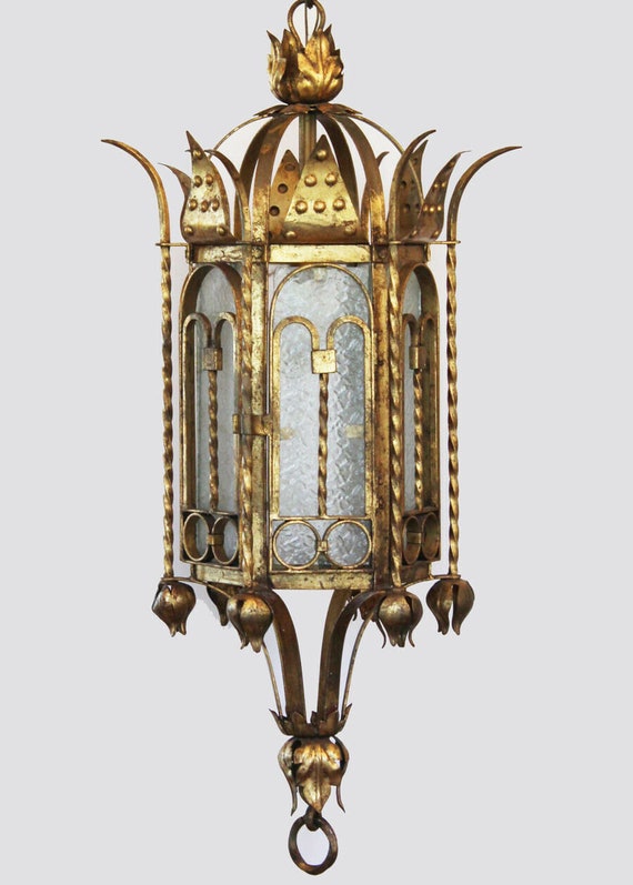 Antique Italian Huge Gilt Lantern Hanging Light Go