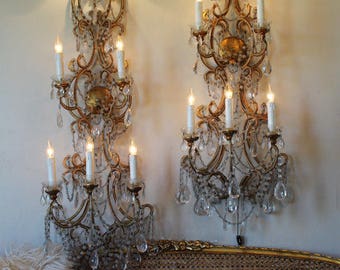 Antique Rare Pair Italian Beaded 4 Foot Wall Sconces Gorgeous