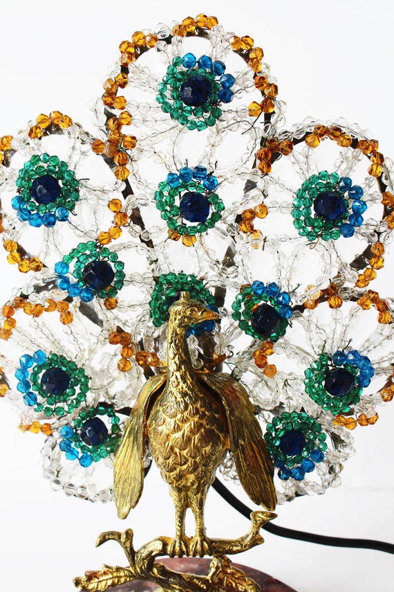 Antique Rare Czech Antique Beaded Peacock Lamp So… - image 3