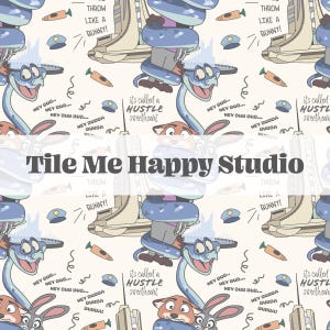 May include: A repeating pattern with cartoon characters, including a snake, a bunny, and a fox, with phrases such as "Throw like a bunny!" and "It's called a hustle sweetheart!" on a cream backdrop. Includes carrots, police hats, and cityscapes.