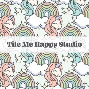 May include: A repeating pattern featuring unicorns, rainbows, clouds, and stars in pastel colors. The unicorns have pink manes and white horns. Rainbows arch over fluffy white clouds. The text "Tile Me Happy Studio" is displayed in a white rectangle.