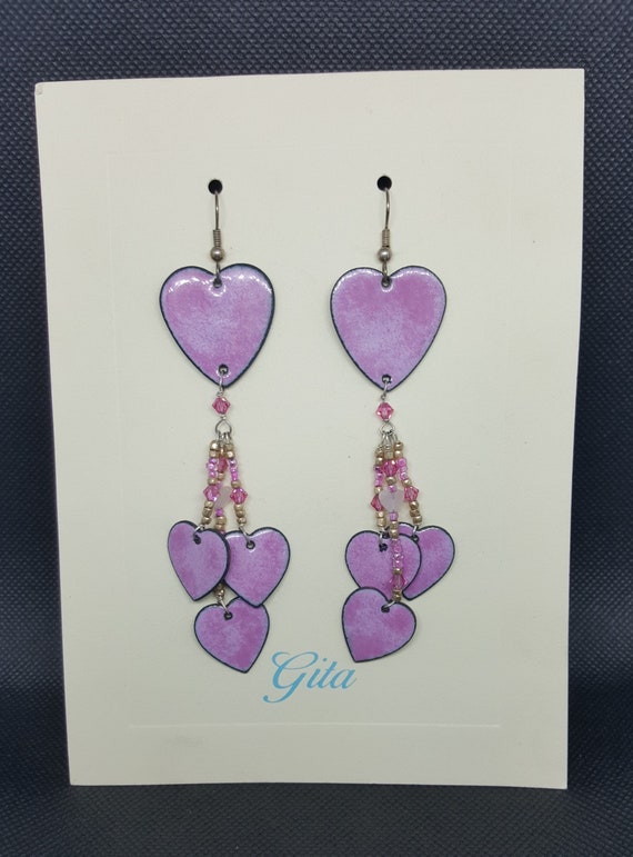 Vintage 80's GITA Enameled Pink Heart Dangle Earr… - image 1