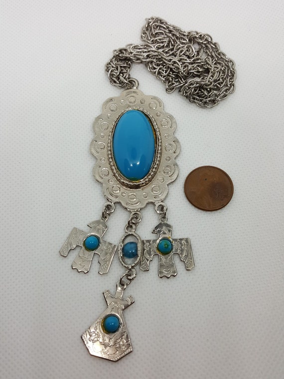 60's Faux Turquoise and Silver Eagle and Teepee N… - image 2