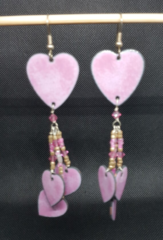 Vintage 80's GITA Enameled Pink Heart Dangle Earr… - image 2